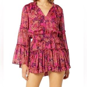 MISA Leeva Women’s Fuchsia Batik Pink Sheer Chiffon Bell Sleeve Mini Dress-Large